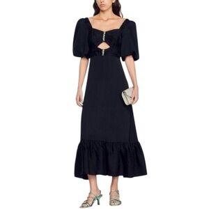 NWT Sandro Dress Falbala Noir Embellished Rhinestone Size US 4 - 6 / 38